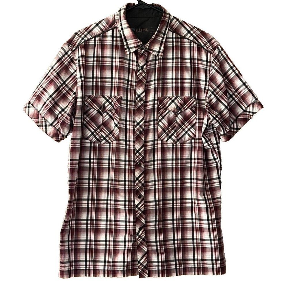 Kuhl Men's Large Short Sleeve Pearl Snap Button Plaid Shirt Red Black White